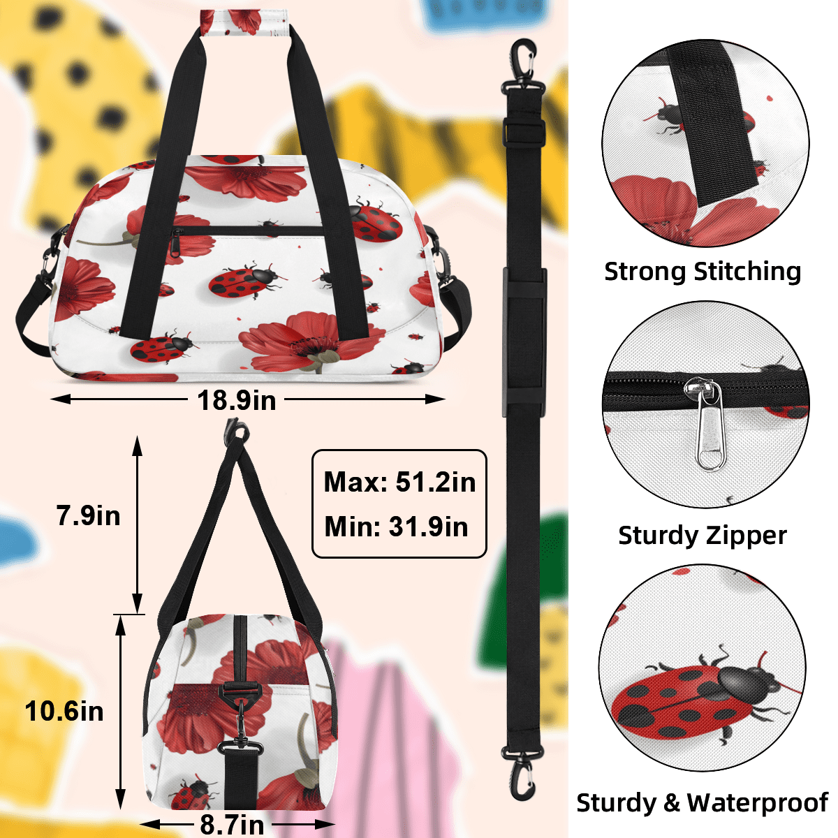 Herdesigns Sports Duffle Bags Travel Duffle Bag Gym Bag Red Ladybugs Poppy Floral Weekender Travel Bag Waterproof Overnight Bag Carry On Travel Tote Bag Dance Bags