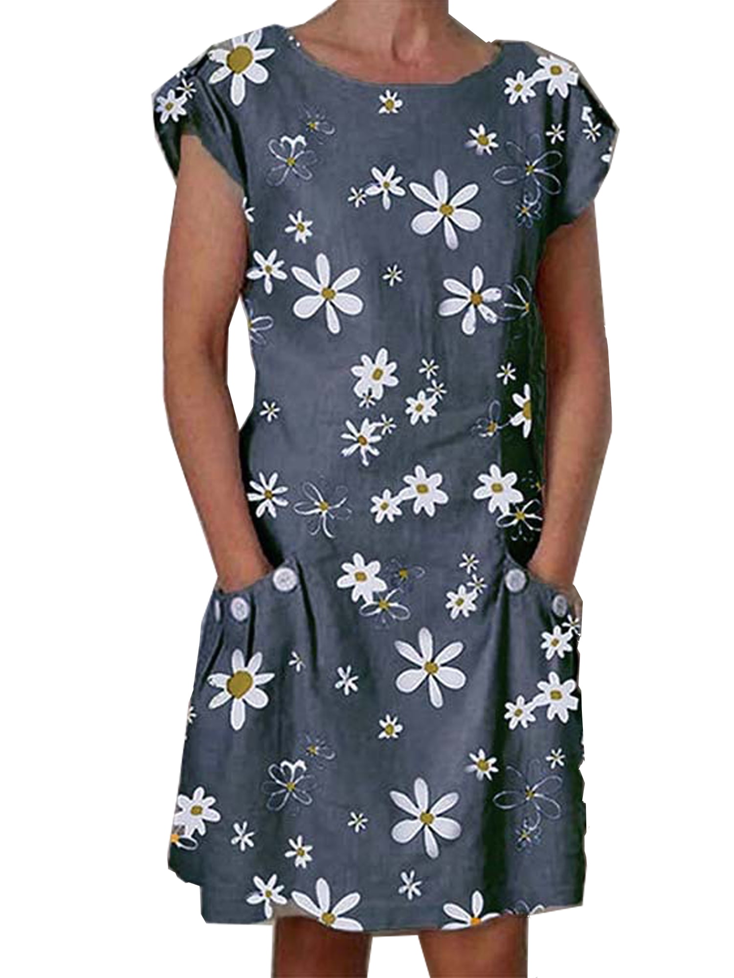POTO Women Mini Dress Summer Sleeveless Short Dress Dasiy Print Tshirt Tank Dress Pockets Casual Night Beach Sundress 