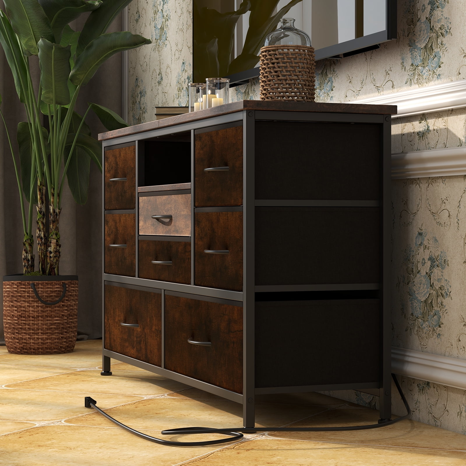 Tv Stands for Living Room,8-Drawer Storage Cabinet TV Cabinet for 55-Inch TV Entertainment Center with Adjustable LED Lights, with Electrical Outlets and Cords
