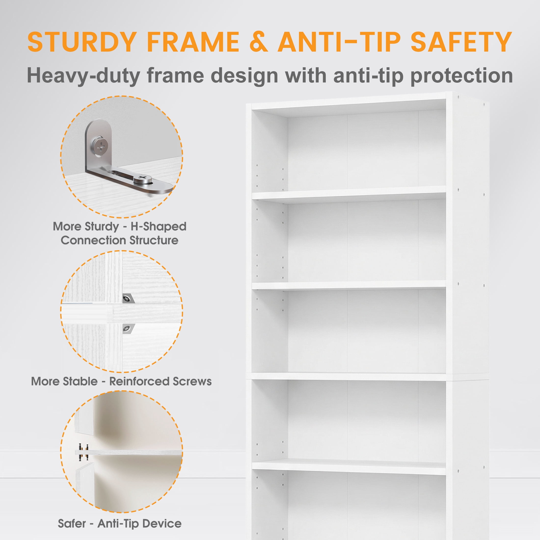 CONCETTA 5 Shelf Bookcase, 53 Inch Tall Floor Standing Open Bookshelf for Home Office and Living Room, White