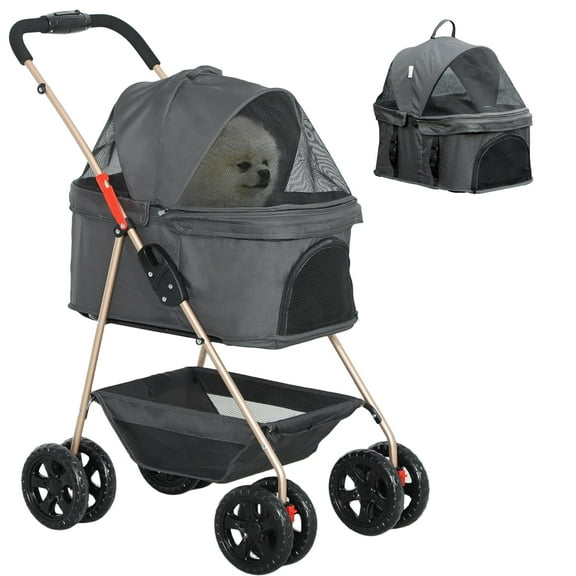 3 in 1 Dog Stroller with Detachable Carrier, 4 Wheels Cat Stroller with Storage Basket, Cupholder, Washable Pads, Folding Lightweight Pet carts for Puppy & Kittens, Gray