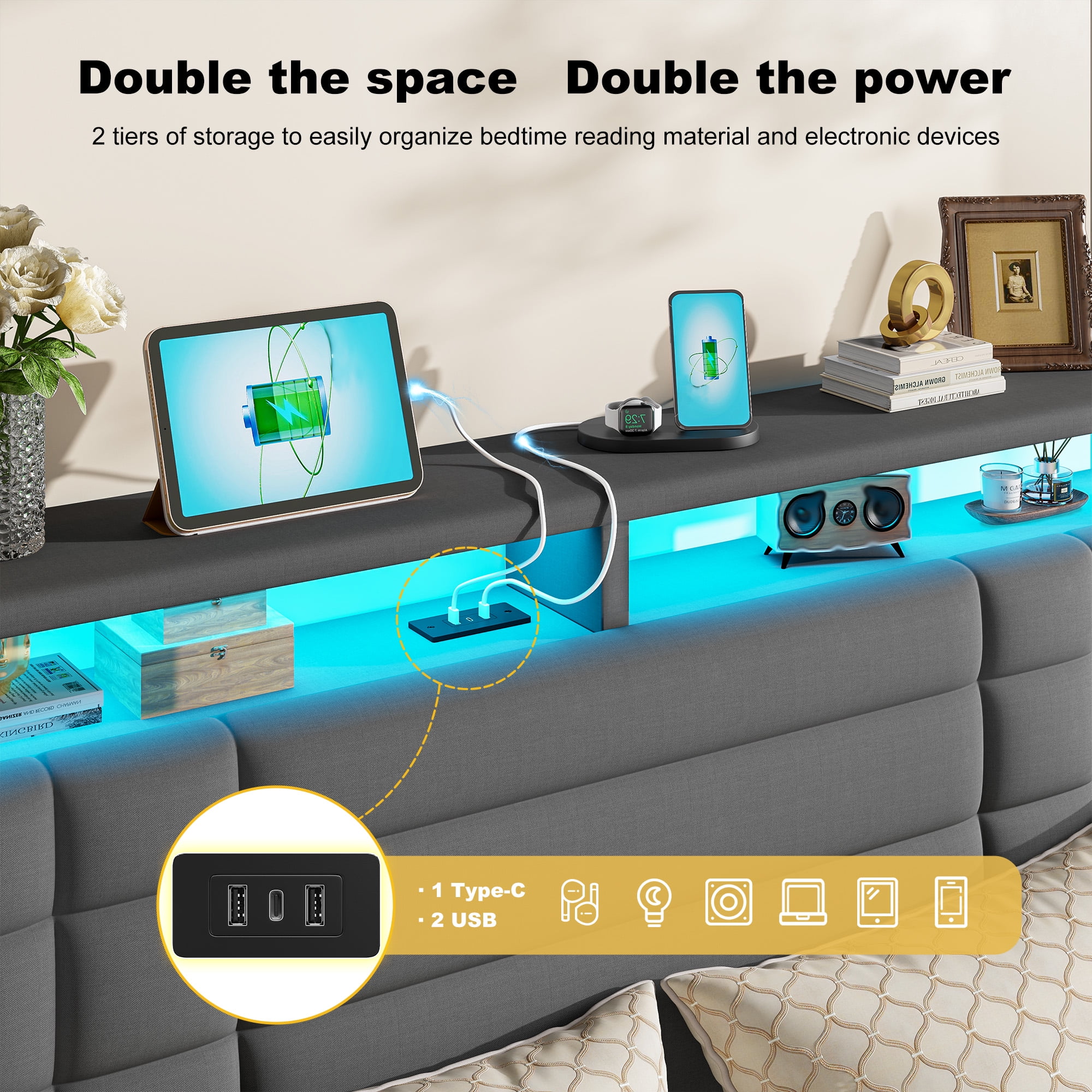EnHomee Full Bed Frame with Storage Shelf Upholstered Platform Bed Frame with LED Lights & Charge Station, Gray