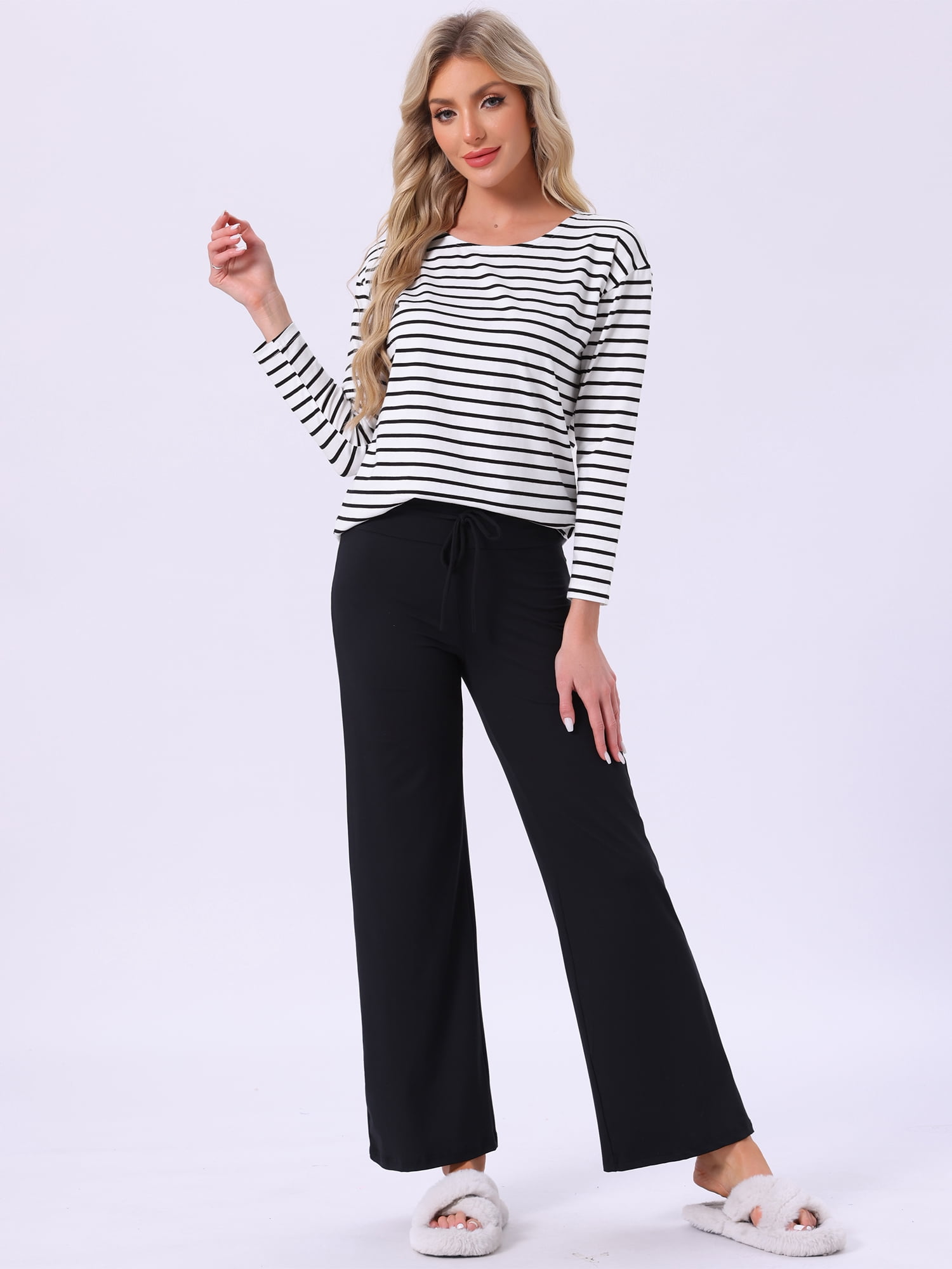 DARING DIVA Pajama Striped Cotton Long Sleeve Crew Neck Sleep Shirts S White Striped