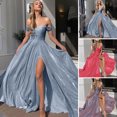 thumbnail image 2 of Quixlent Women Evening Dress Off Shoulder Bandeau Backless Sleeveless Backless Shiny Sequin Split Hem A-line Big Swing Prom Party Maxi Dress Ball Gown, 2 of 8