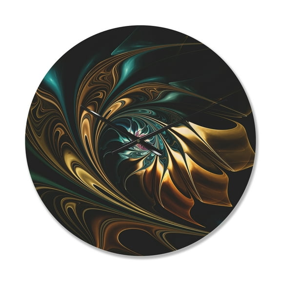 Designart 'Blue Brown Fractal Flower in Black' Modern Wood Wall Clock