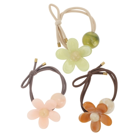 Unique Bargains Floral Beads Hair Elastic Band Green Pink Brown 3 Pcs