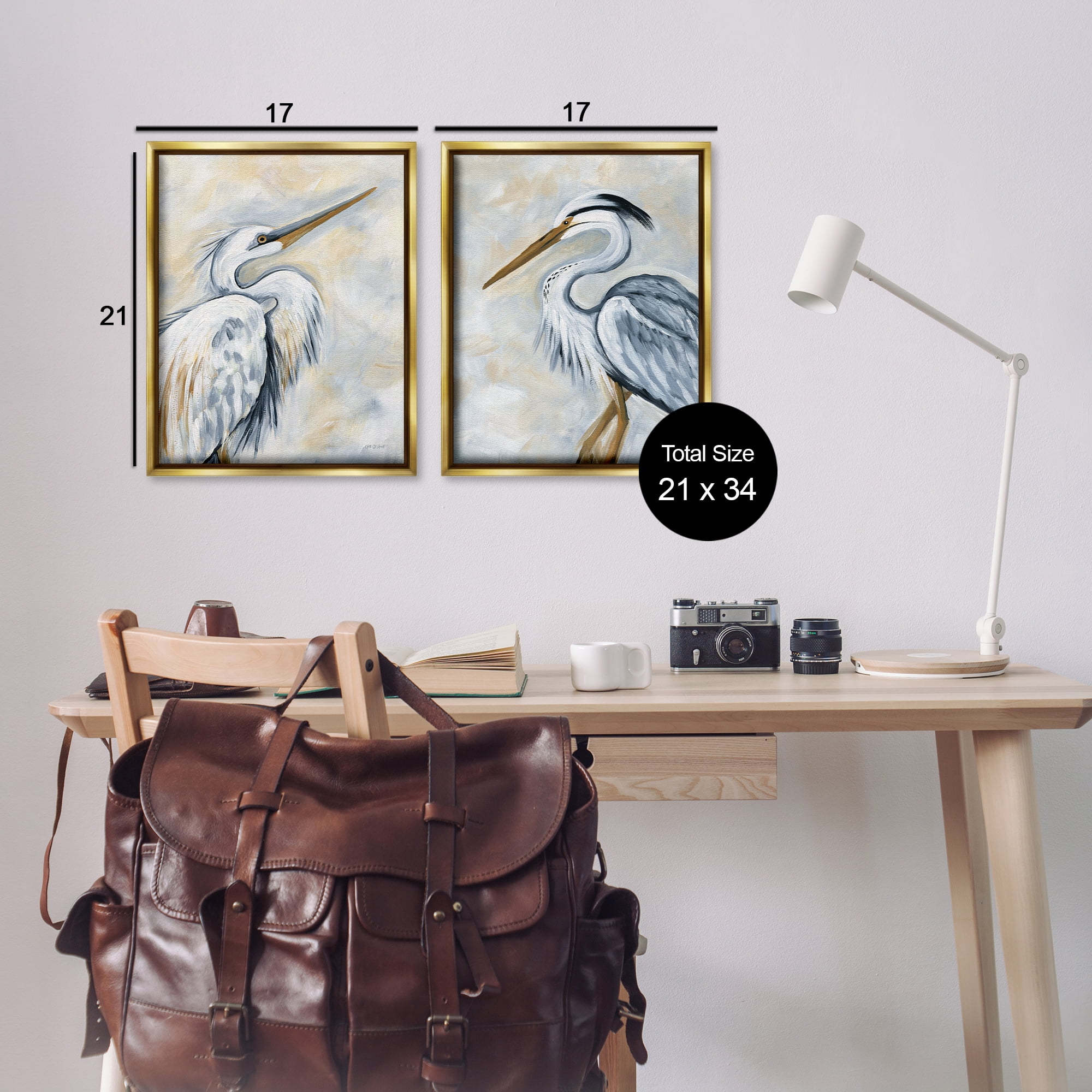 Stupell Industries White Egret Blue Heron Animals Painting Gold Floater Framed Canvas Art Print Wall Art, 17 x 21, Set of 2