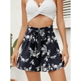 thumbnail image 2 of Chiclily Women's Wide Leg Shorts High Waist Adjustable Belted Loose Summer Lounge Shorts with Pockets, US Size Small, Navy White Flower, 2 of 7