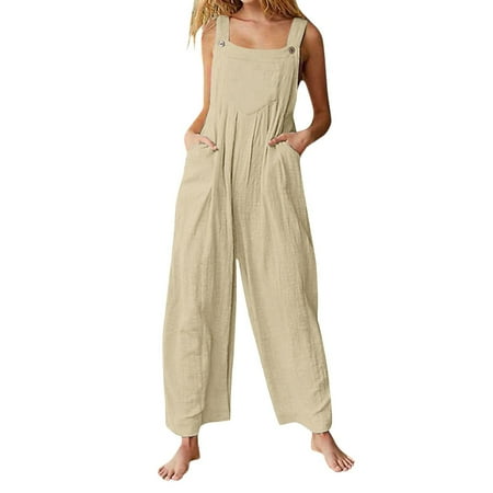 

Women Wide Leg Overalls Sleeveless Jumpsuits Loose Solid Color Suspender Comfy Baggy Button Rompers with Pockets