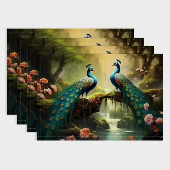 BCIIG Beautiful Peacock Placemats Set of  Flower Peacocks Table Mats Washable Place mats for Party Kitchen Dining Decoration  18x12in