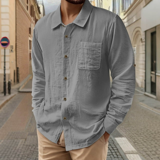 pstuiky camisa de manga larga para hombre, Camisa de lino con bolsillo y solapa con botones y manga larga de color liso para hombre tops de invierno para hombre s