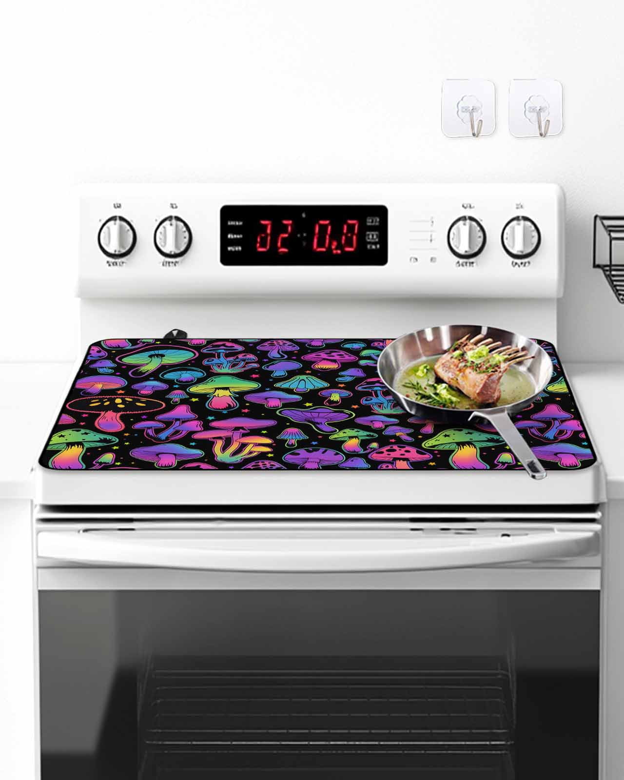 Stove Top Covers for Electric Stove, Purple Green Mushroom Glass Stovetop Cover Protector, Abstract Art Botanical Gradient Induction Cooktop Protector Oven Mat for Kitchen Countertop 24"x21"