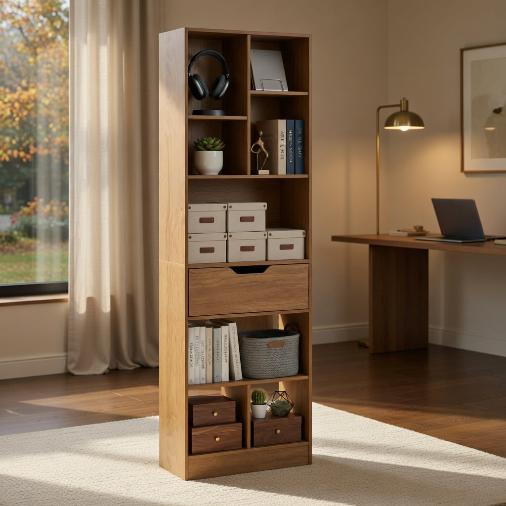 GVN 61inch Tall Freestanding Bookcase 8-Cube Storage Organizer with Drawer Multi-Use Open Shelves for Home Office Study Living Room Books Decor Display, Natural