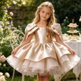 thumbnail image 2 of Girls Satin Mini Princess Dresses Cape Sleeve Neck Ruffle Tiered Gowns for Wedding Birthday Party Evening Ceremony Beige 12-13 Years, 2 of 6
