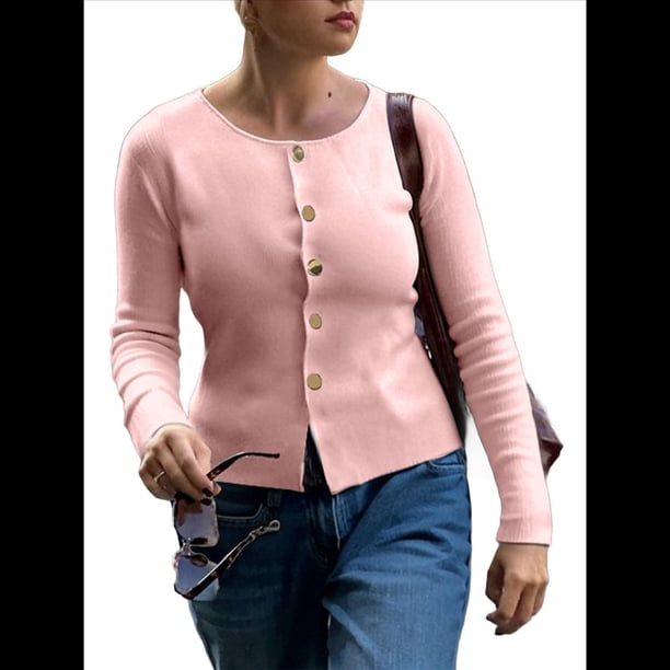 Suéter Tipo Cárdigan de Punto con Botones, Larga y Cuello Redondo para Mujer Rosa XL