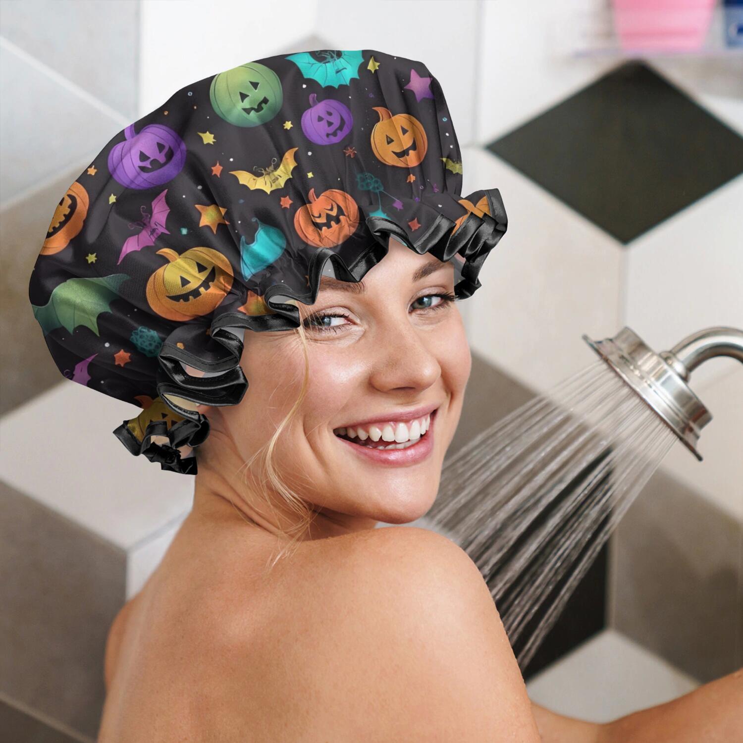 Shower Caps,Whimsical Halloween Pattern Waterproof Shower Cap for Women 4 Pieces,Double Reusable Hair Cover for Shower PEVA Elastic Stretch Hem