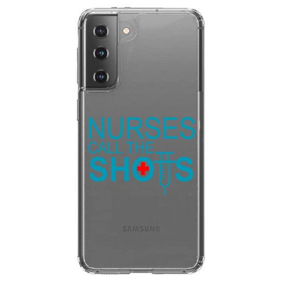 DistinctInk Clear Shockproof Hybrid Case for Galaxy S21  PLUS 5G (6.7" Screen) - TPU Bumper Acrylic Back Tempered Glass Screen Protector - Nurses Call the Shots