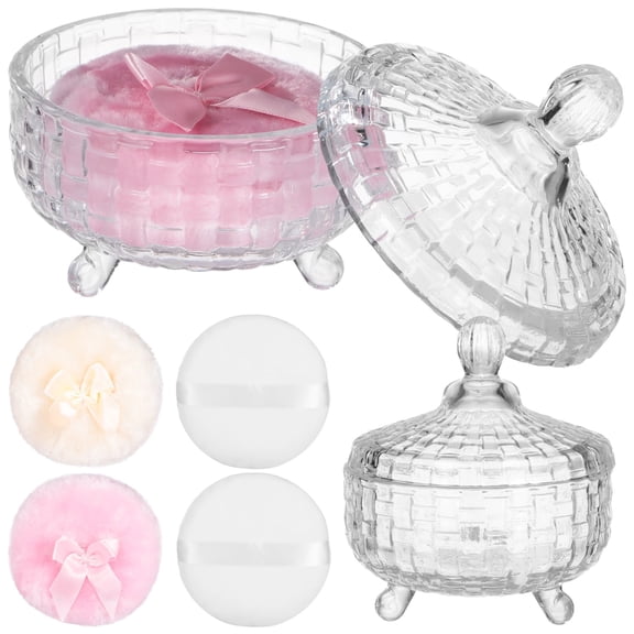 5 PCS Powder Puff with Glass Container Set, 2 Kinds Soft Washable Puffs for Face & Body, 3-Legged Storage Jar, Reusable Puff with Ribbon Bow for Makeup Glitter Application, After-Bath Care