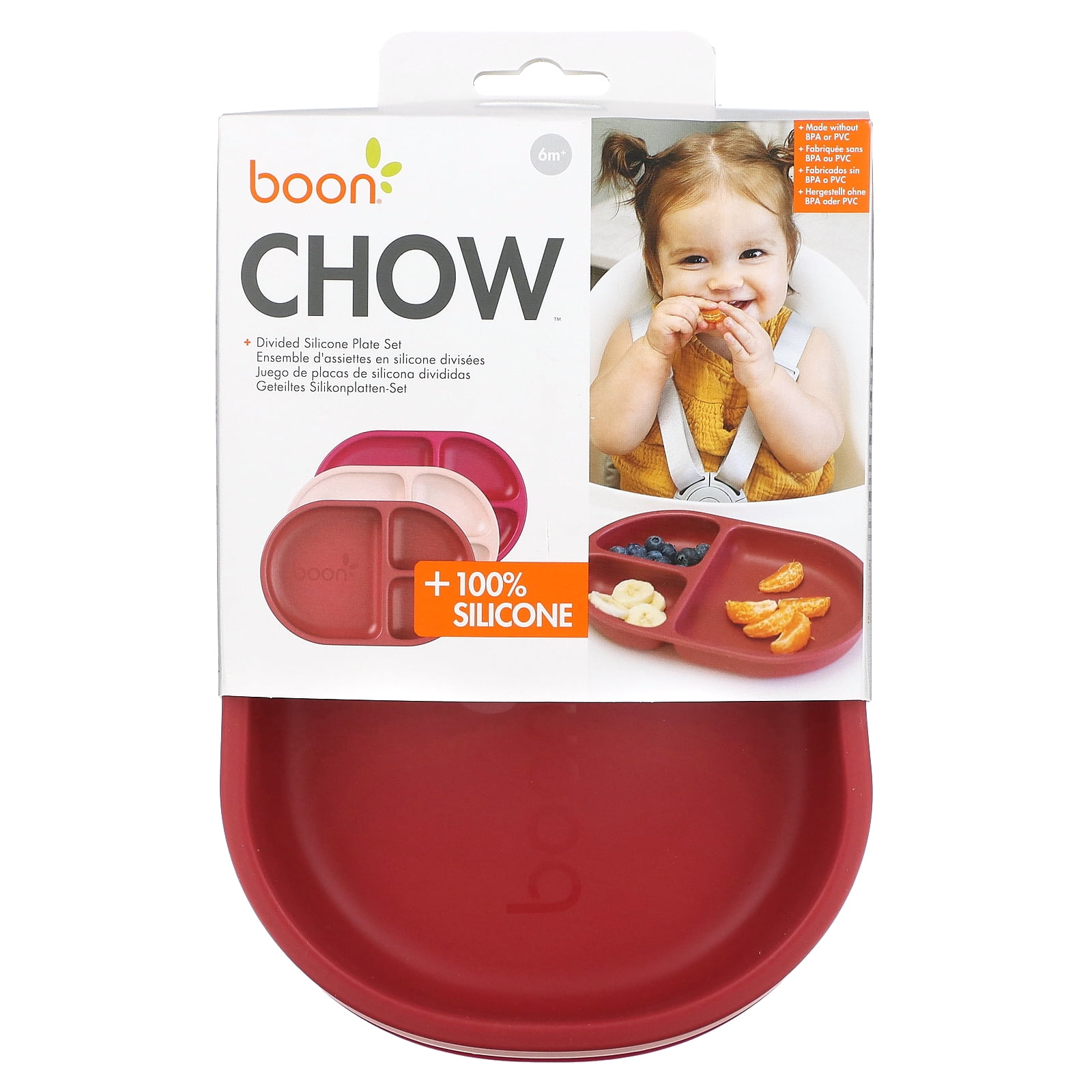 Boon Chow Silicone Plate Set - 3 Unbreakable Divided Toddler Plates - Baby Plates for 6 Months and Up - Baby Led Weaning Supplies - Pink Multicolor