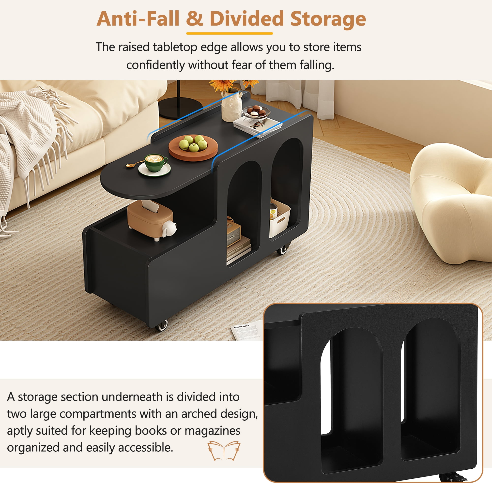MAYEERTY Mobile End Table with Lockable wheels, Side Table, Narrow Nightstand with Multi-layer Storage, Black