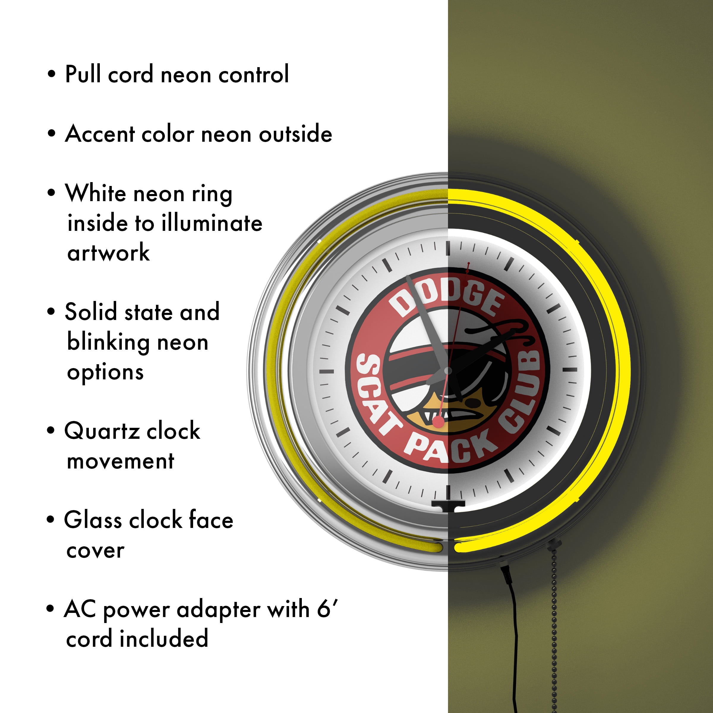 Dodge Scat Pack Club Retro Neon Analog Wall Clock with Pull Chain