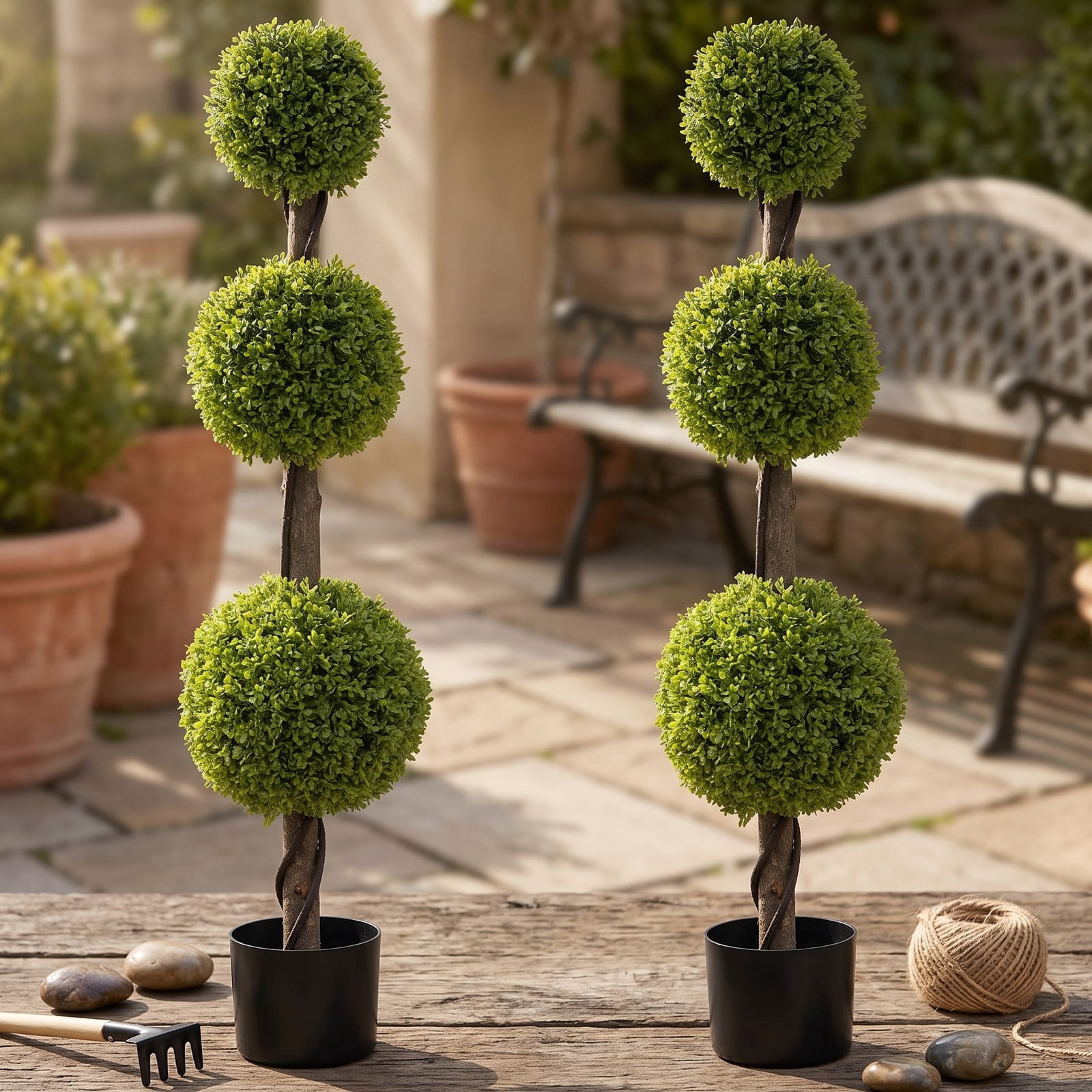 ALPULON 4 FT Artificial Ball Shape Bush Tree, 48 Inch Faux Topiary Plant with Lush PE Leaves, Trunk and Weighted Cement Pot for Indoor Outdoor Home, Green and Black