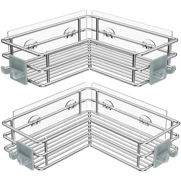 Corner Shower Shelves Stainless Steel, Adhesive Shower Caddy Basket Rack with Hooks, Rust Proof for Bathroom Shelf Shampoo Holder (Silver, 2 Pack)