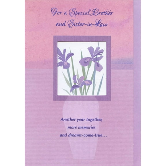 Designer Greetings Another Year Together: Purple Flowers in Die Cut Window Short Fold Wedding Anniversary Congratulations Card for Brother and Sister-in-Law