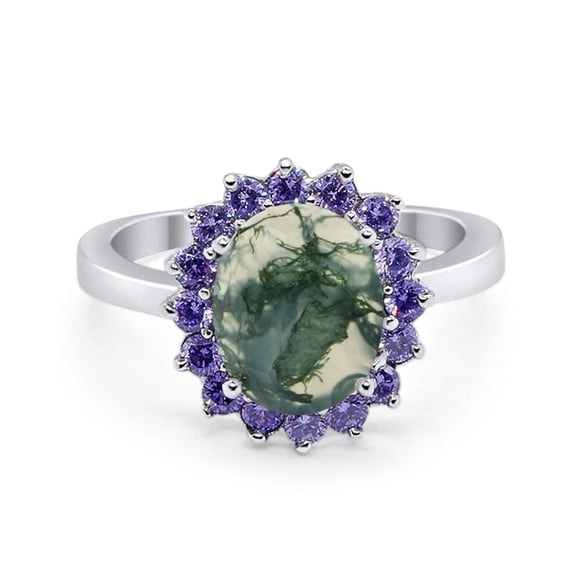 Natural Green Moss Agate Size-5 Art Deco Oval Vintage Style Floral Halo Amethyst CZ Wedding Engagement Ring For Women 925 Sterling Silver Gifts For Her