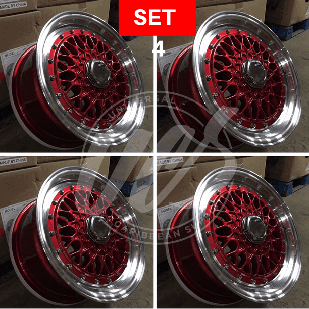 NEW 15 inch x 7 Alloy Wheels Rims Bolt Pattern 4x100/114.3 Red Machined Lip +20 offset Set of 4