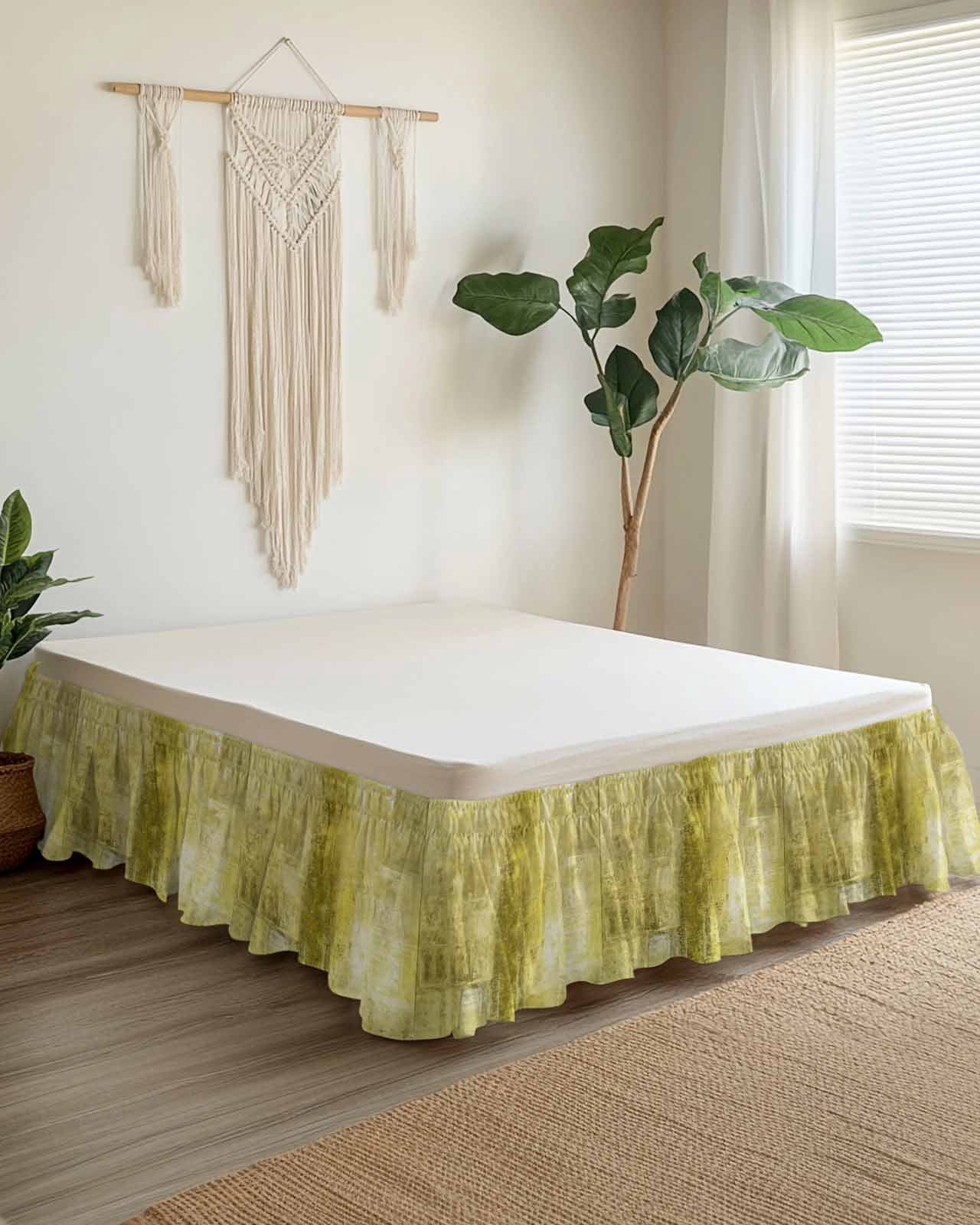 Yellow Wrap Around Bed Skirts for Queen Bed 16" Drop,Bed Skirt with Adjustable Elastic Belt Dust Ruffle Bed Valance for Bedroom Hotel Retro Oil Painting Modern Abstract Art Aesthetics Bed Frame Cover