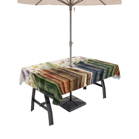 Outdoor Tablecloth with Umbrella Hole for Patio/Picnic/Party/Camping, Modern Books Flower Waterproof Table Cloth Rectangle Table Cover Washable, Country Chic Floral Leaves Beige (54"x 80")