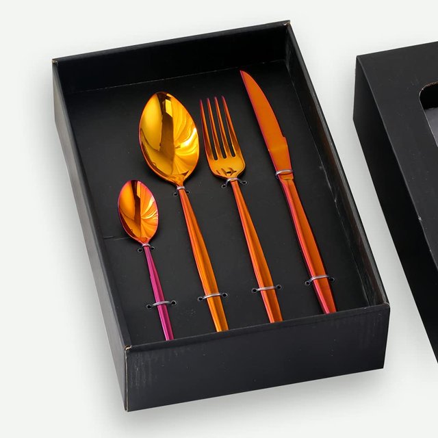 Buyer Star Flatware Set, 20-Piece Stainless Steel Silverware Cutlery Set Service for 5, Rainbow Red Dishes Dinnerware Set with Gift Box, Mirror Finish