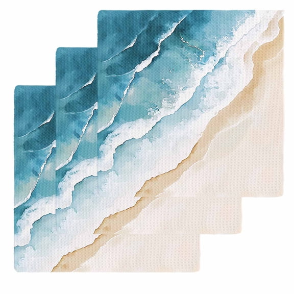 Blue Teal Beach Coastal Dish Towels Set, Waffle Weave Kitchen Towels 3 Pieces, Summer Nautical Seaside Ocean Microfiber Hair Face Bath Tea Towel Absorbent Quick Drying Cleaning Dish Cloths 12"x12"