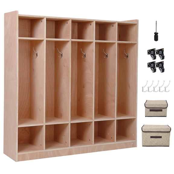 Section Classroom Coat Locker, 10 Cubbies w/ Anti-tip Kit, 5 Hooks & 2 Storage Boxes, for Classrooms, Daycare, Home, School, Kindergarten