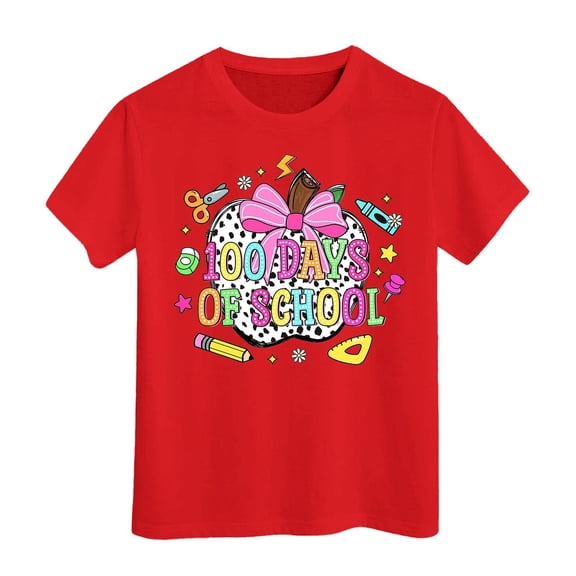 shqvo 100 Days Of School Shirt 100th Day Of School Graphic Short Sleeve T-Shirts School Uniform for Girls Casual Daily Pullover Tops Shirts for Kids