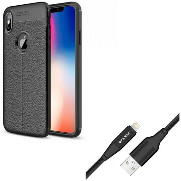 Charger Cord 10ft USB Cable w PU Leather Case for iPhone XS Max - Power Wire Braided Long Sync and Slim Fit Cover Reinforced Bumper Shock Absorbent Black