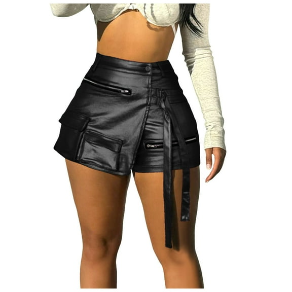 xingwang Clearance Plus Size Shorts for Women High Waisted,Women's Fashion Sexy Solid Color Shorts Patchwork Zipper Package Short Leather Shorts Black XXL