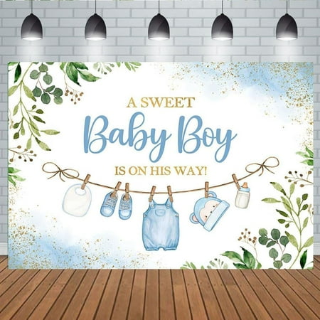 Cute Clothes Baby Shower Backdrop for Boys a Sweet Baby Boy is on The Way Newborn Kids Blue Leaves Gold Dots Baby Shower Party Decorations Banner Supplies Photo Booth Props