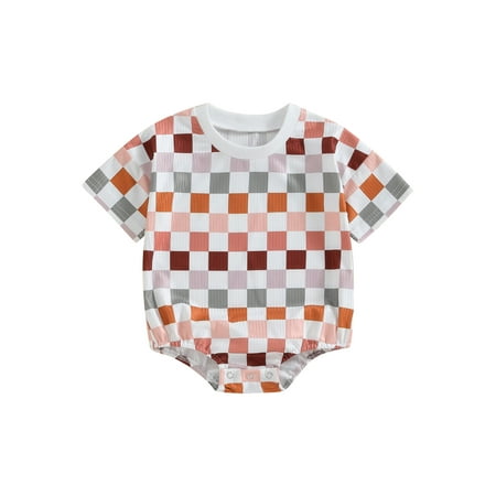 

Bslissey Baby Girls Boys Summer Sweatshirt Romper 3M 6M 12M 18M Checkerboard Print Short Sleeve Crew Neck Loose Jumpsuits Newborn Infant Casual Clothes Bodysuit