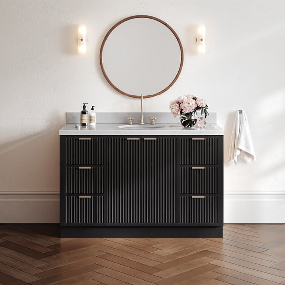 ARIEL Milan 54 Inch Single Oval Sink Bathroom Vanity with Carrara White Quartz Countertop 1.5 Inch in Black