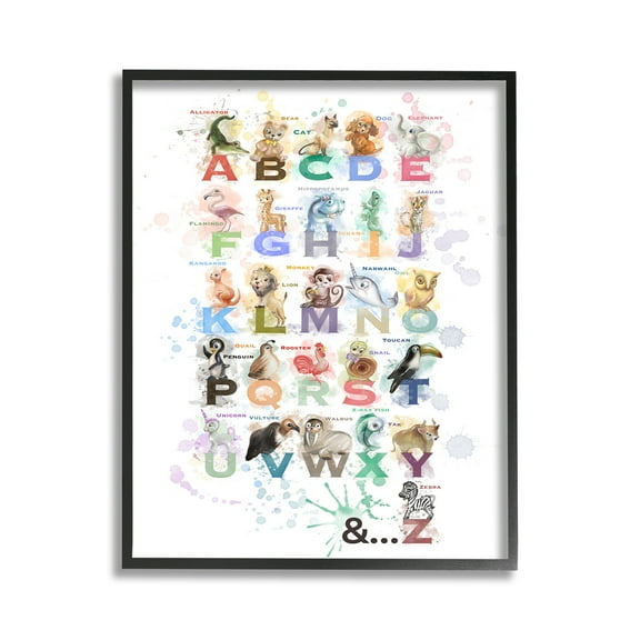 Stupell Industries Modern Splash Animal Alphabet Animals & Insects Painting Black Framed Art Print Wall Art, 11 x 14