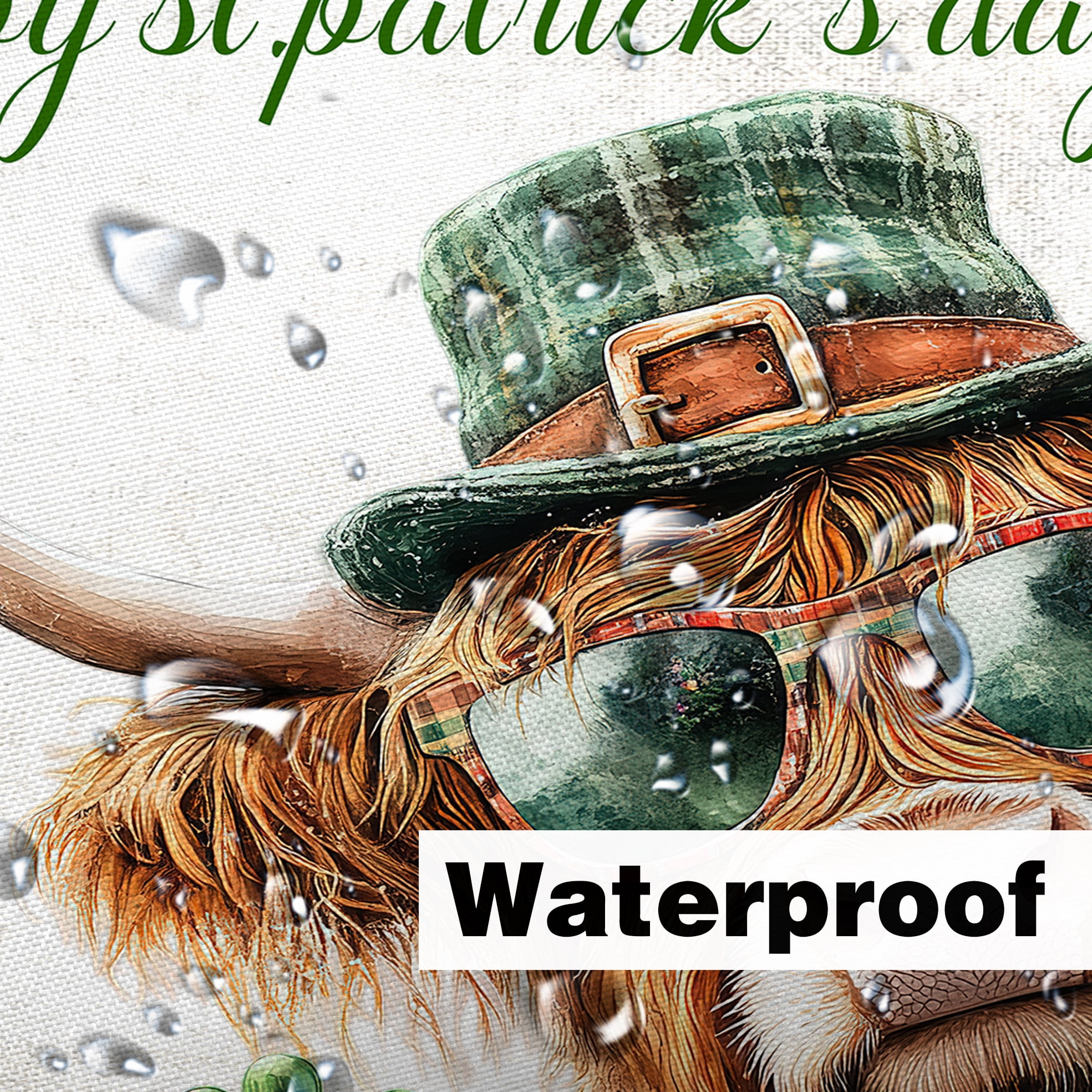 Highland Cow St. Patrick's Day Shower Curtain, Funny Farm Animals on Wooden Board Spring Farmhouse Shower Curtain Sets, Polyester Green Clover Shamrock Leaves Bathroom Accessories with Hooks, 48X70in
