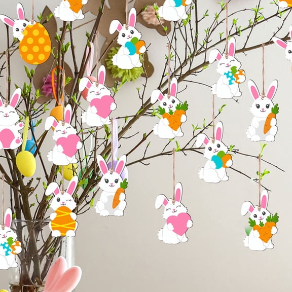 CIMAXIC 48Pcs Handmade Wooden Easter Bunny Decoration Hanging Ornament for Party and Tree Decor