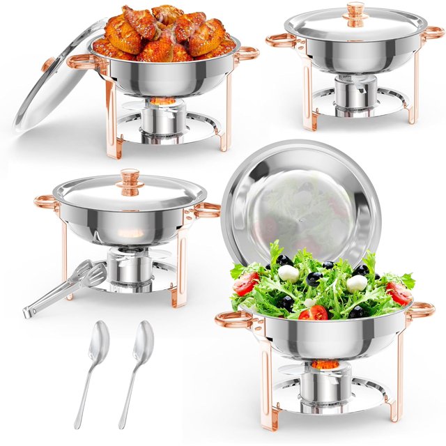 Twister.CK Ensemble de Plats Anti-Frottement pour Buffet, Lot de 4, Plats Ronds Anti-Frottement de 5 L, Réchaud à Alcool Amovible en Acier Inoxydable 201, pour Service au Buffet, Réchauds pour Fêtes, Événements des Fêtes et Traiteur