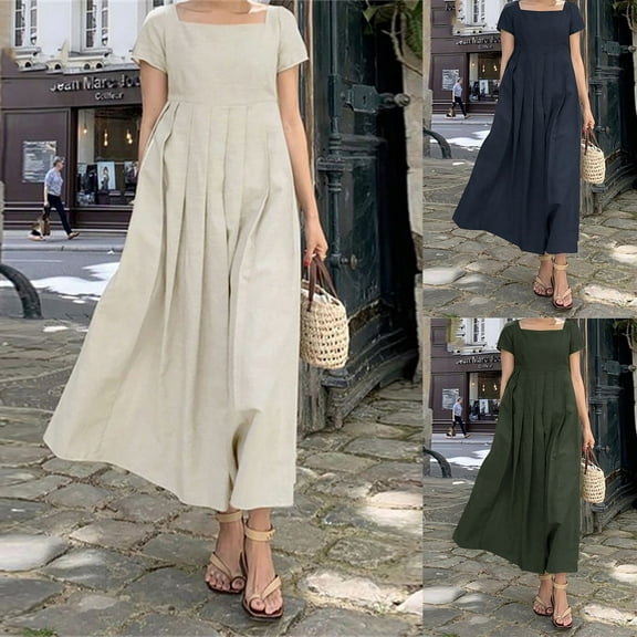 ZZwxWA Womens Flowy Comfy Square Neck Cotton Linen Dresses Summer Beach Casual Loose Empire Wasit Long Dress with Pockets Solid Color Cocktail Party