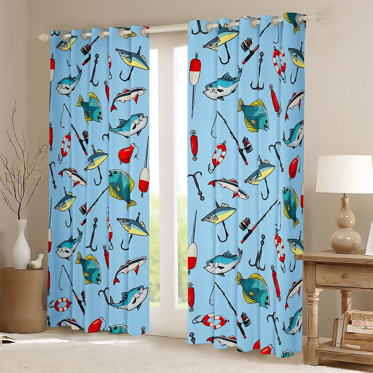 Feelyou Hunting and Fishing Black Out Curtains, Cartoon Pike Fish Curtains Pack of 2 (42x63 Each), Teens Kids Boys Girls Bedroom Curtains, Living Room Curtains Decor