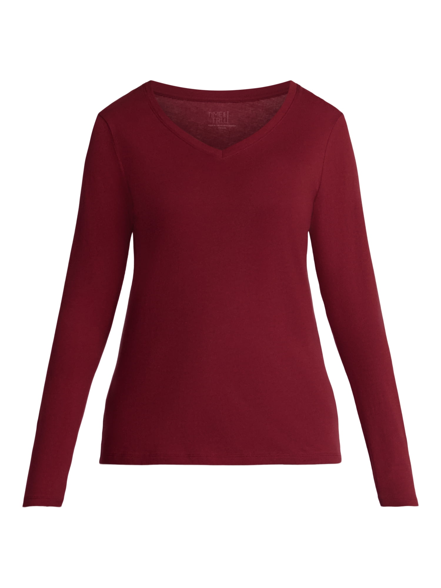 Time and Tru Women's Cotton V-Neck Tee with Long Sleeves, Sizes XS-XXXL