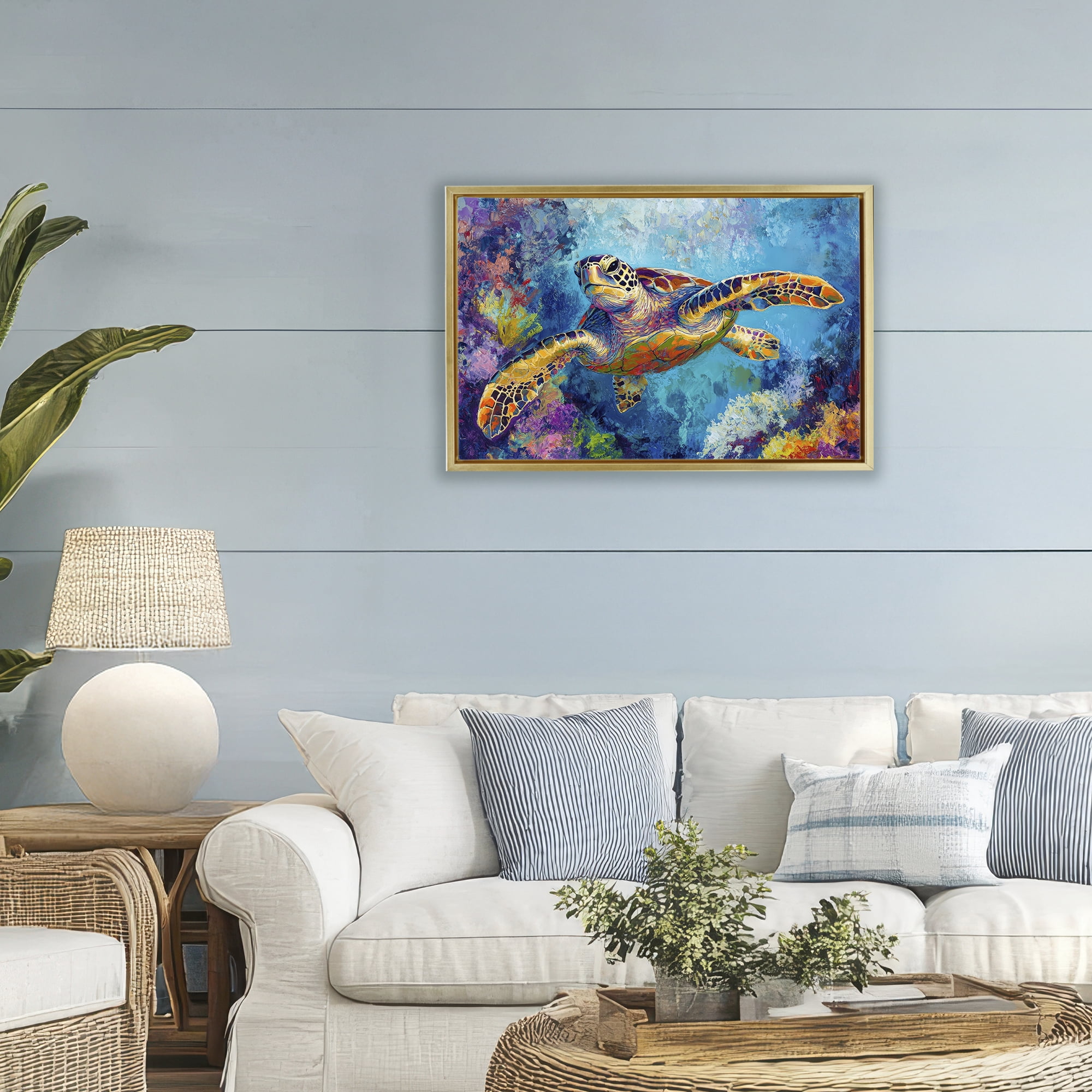 Stupell Industries Colorful Sea Turtle over Coral Gold Framed Floater Canvas Wall Art, design by Petal Prints Design