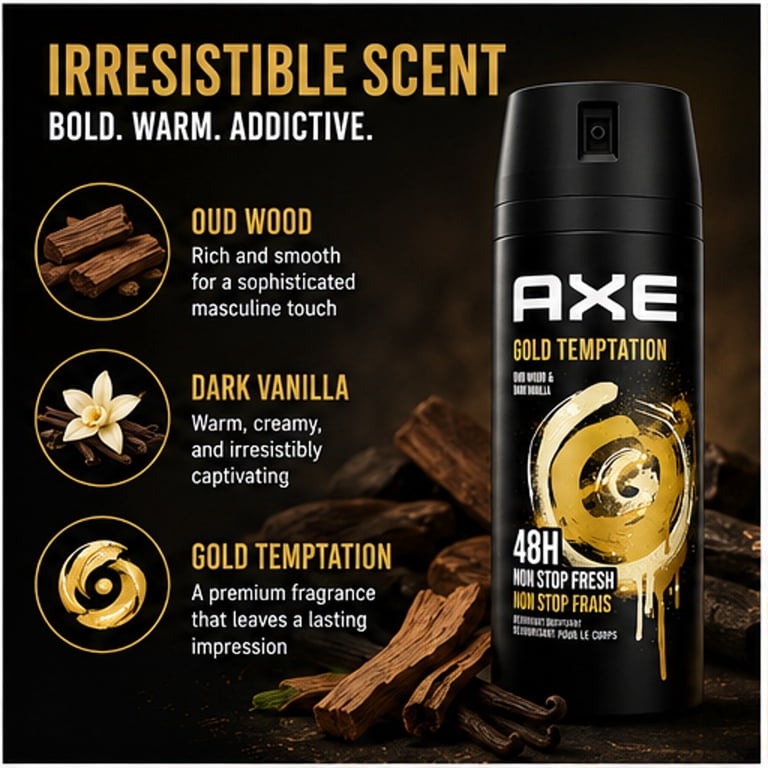 Axe Men Gold Temptation Deodorant Body Spray, 6 Pack, 150ml